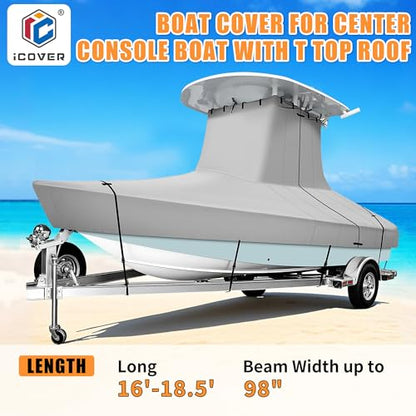iCOVER T-Top Boat Cover, 600D Heavy Duty Marine Grade Waterproof Tear Resistant Boat Cover for Center Console Boat with T TOP Roof, Fits 16'-18.5' Long Beam Width up to 98", Grey - color: T-TOP, size: C: 16-18.5' Long, Beam Width up to 98" W