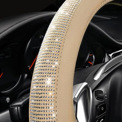CAR PASS Bling Diamond Beige Leather Steering Wheel Cover, White Sparkly Crystal Glitter Rhinestones Universal Fit 14" 1/2-15" Car Wheel Protector for Women Girl Fit Suvs,Vans,Sedans,Trucks, Beige - color: Beige Leather