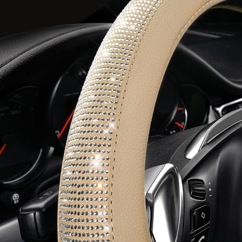 CAR PASS Bling Diamond Beige Leather Steering Wheel Cover, White Sparkly Crystal Glitter Rhinestones Universal Fit 14" 1/2-15" Car Wheel Protector for Women Girl Fit Suvs,Vans,Sedans,Trucks, Beige - color: Beige Leather