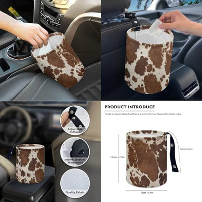 Wanyint Brown Beige Cow Print Car Seat Cover Set 14 PCS, with Steering Wheel Seat Belt Pad Garbage Bag Rearview Mirror Armrest Seat Box Handbrake Cover Set Car Coasters Fit SUV Sedan - color: Brown Beige Cow Print