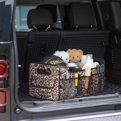 Car Trunk Organizers and Storage Collapsible Multi Compartment Container Box, Adjustable Car Accessories for SUV Sedan Truck, Large Size, Leopard Print - color: Leopard print, size: Large