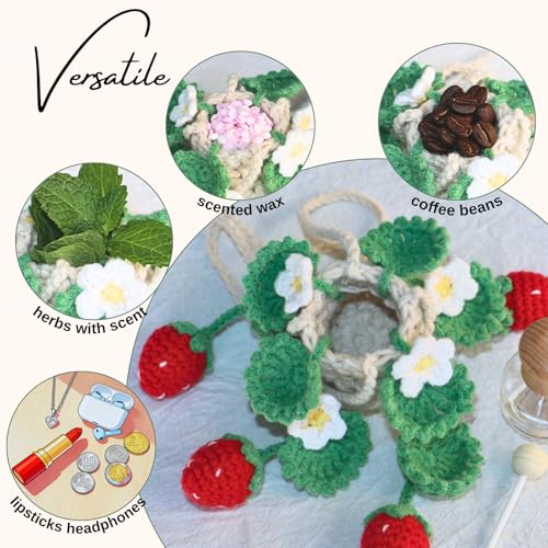 ROFIGL Handmade Crochet Hanging Car Air Freshener - Cute Strawberry Plant Design, 12ml Refillable Thick Glass Bottle, Car Diffuser for Rearview Mirror, Home & Office Decor - style: Strawberry
