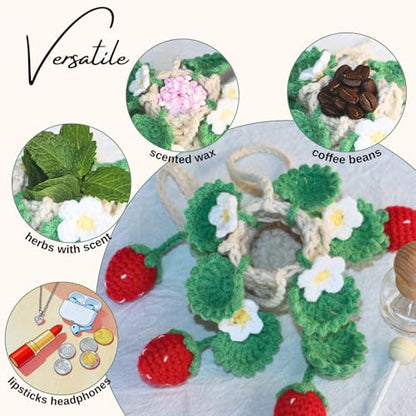 ROFIGL Handmade Crochet Hanging Car Air Freshener - Cute Strawberry Plant Design, 12ml Refillable Thick Glass Bottle, Car Diffuser for Rearview Mirror, Home & Office Decor - style: Strawberry