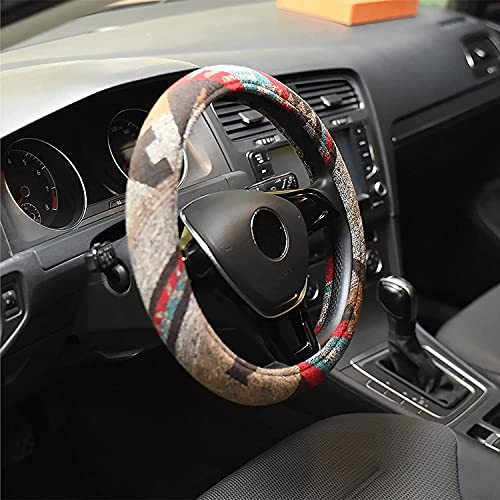 Universal 15inch Ethnic Style Baja Blanket Steering Wheel Cover with Coarse Flax Cloth and Sweat Absorption Anti Slip Car Wrap (Boho Brown) - style: Boho Brown