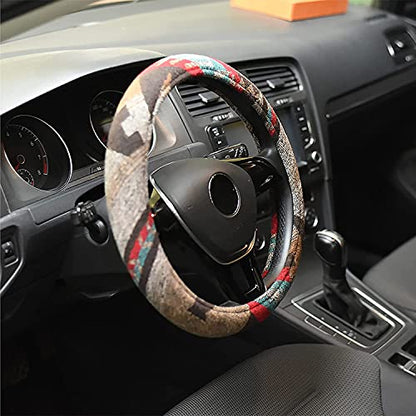Universal 15inch Ethnic Style Baja Blanket Steering Wheel Cover with Coarse Flax Cloth and Sweat Absorption Anti Slip Car Wrap (Boho Brown) - style: Boho Brown