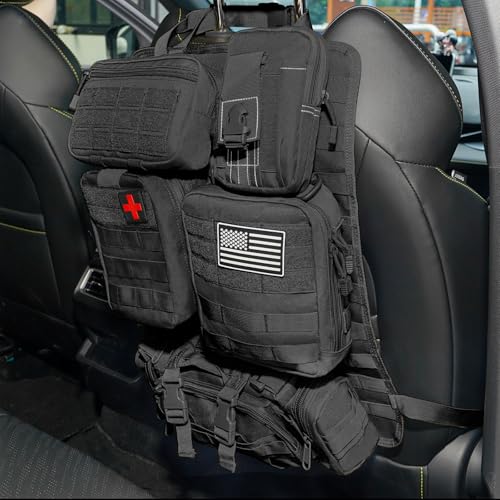 Tactical Car Seat Back Organizer Bag - Tactical Molle Vehicle Organizers Panel with 5 Detachable Pouches for Car Truck Ford Jeep Vehicle (Black Regular)