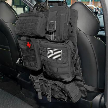 Tactical Car Seat Back Organizer Bag - Tactical Molle Vehicle Organizers Panel with 5 Detachable Pouches for Car Truck Ford Jeep Vehicle (Black Regular)