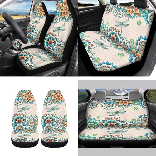 Bohemian Flower Dragonfly Car Seat Covers for Women Men，11pcs Dragonfly Auto Seat Covers for Front Back+ Steering Wheel Cover+Keychain+Cup Coaster+Lipstick Holder Keychain for Most Cars - color: Bohemian Flower Dragonfly