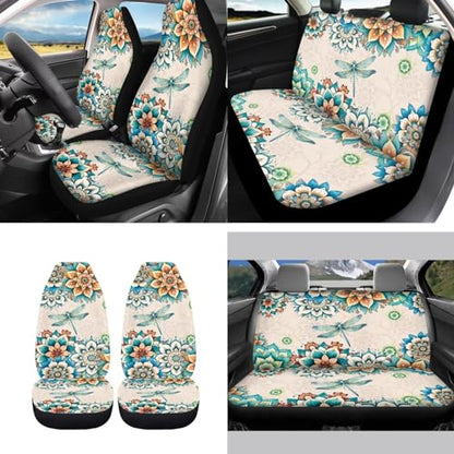 Bohemian Flower Dragonfly Car Seat Covers for Women Men，11pcs Dragonfly Auto Seat Covers for Front Back+ Steering Wheel Cover+Keychain+Cup Coaster+Lipstick Holder Keychain for Most Cars - color: Bohemian Flower Dragonfly