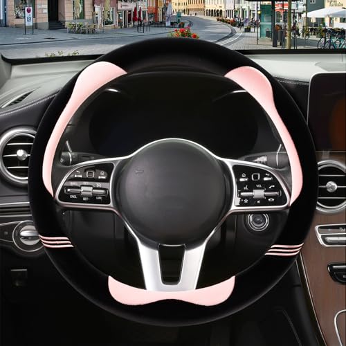 14 inch Furry Cute Steering Wheel Cover, Soft Fluffy Short Plush Auto Accessories, Non-Slip Cold-Proof Sweat-Proof Colorfast(Black with Pink) - color: Round-Pink, size: Small[13.5''-14'']