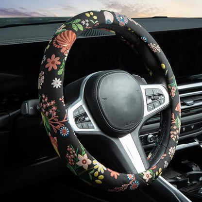 Black Cat Flower Steering Wheel Cover Auto Jacquard Steering Wheel Protector, Anti-Slip, Breathable, Absorbing Sweat, Universal Cat Car Accessories 14.5–15 inch,Fit for Most Car, Trucks, SUV - style: Black Cat Flower JQ