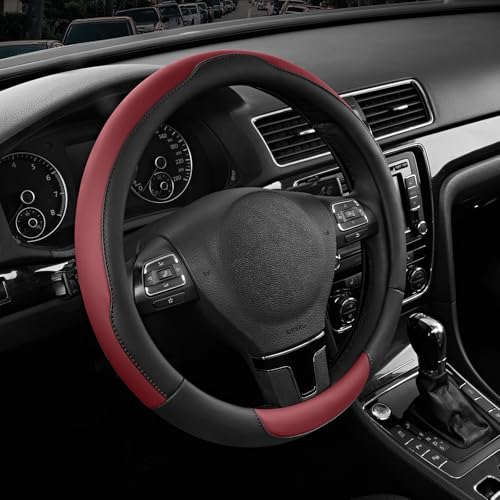 Road Comforts Steering Wheel Cover, Breathable Anti-Slip Leather Steering Wheel Cover, Universal Fit 14.5–15 Inch, Comfortable Grip - Redwine Color