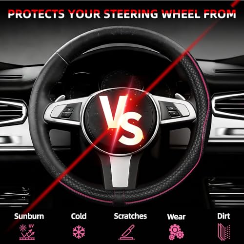 NBTEPEM Customized Auto Car Steering Wheel Cover for Toyota, Microfiber Leather Steering Wheel Covers with Anti-Slip Lining, Breathable, Safety, Soft, Sports Style (Black with Pink Line) - color: Black with Pink Line