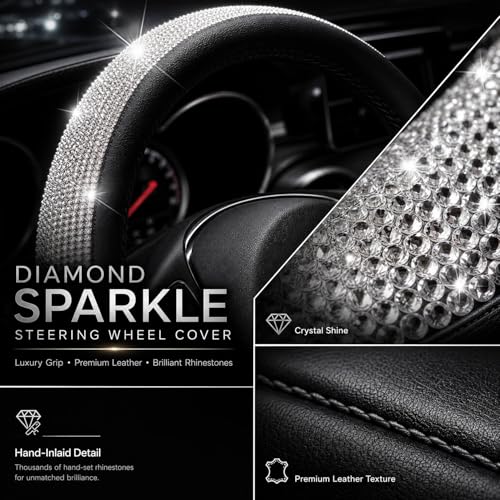 Bling Rhinestone Car Steering Wheel Cover for Women,PU Leather Crystal Diamonds Crown Steering Wheel Covers Non-Slip Universal 15"/38 cm (Black) - color: Black