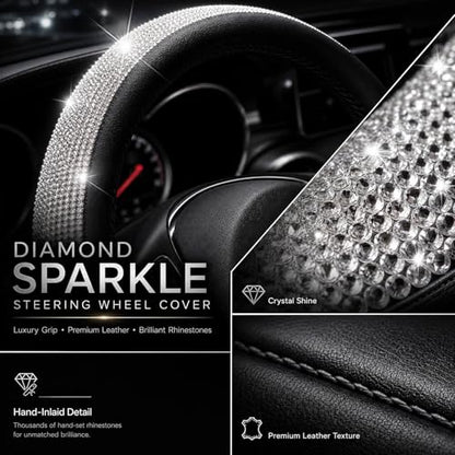 Bling Rhinestone Car Steering Wheel Cover for Women,PU Leather Crystal Diamonds Crown Steering Wheel Covers Non-Slip Universal 15"/38 cm (Black) - color: Black