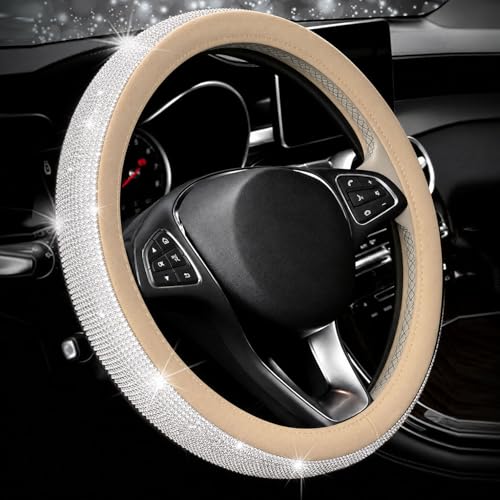 Full Sparkly Rhinestone car Steering Wheel Cover Universal Leather Steering Wheel Cover Auto Car Styling Interior Decor Accessories (beigeLeather&White Diamond) - color: beigeLeather&white diamond