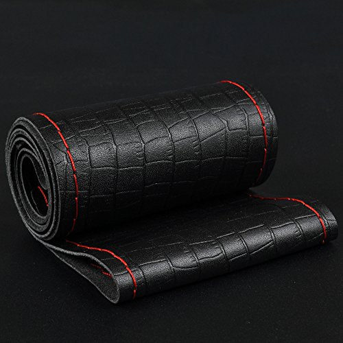 Steering Wheel Cover Universal 15 Inch with Top Genuine Leather, Anti-Slip Design, Soft Padding, Stitch on Wrap - color: red line