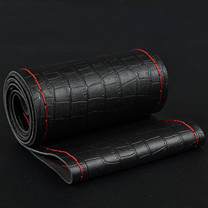 Steering Wheel Cover Universal 15 Inch with Top Genuine Leather, Anti-Slip Design, Soft Padding, Stitch on Wrap - color: red line