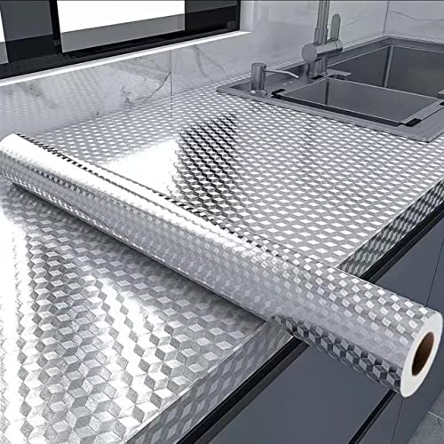 Peel and Stick Wallpaper, Waterproof Contact Paper for Kitchen Countertops Cabinets, Self-Adhesive Removable Aluminum Foil Sticker, Oil Proof Heat Resistant, Easy Clean (24"x197", Silver Chequer) - color: Silver Chequer, size: 24"W x 197"L