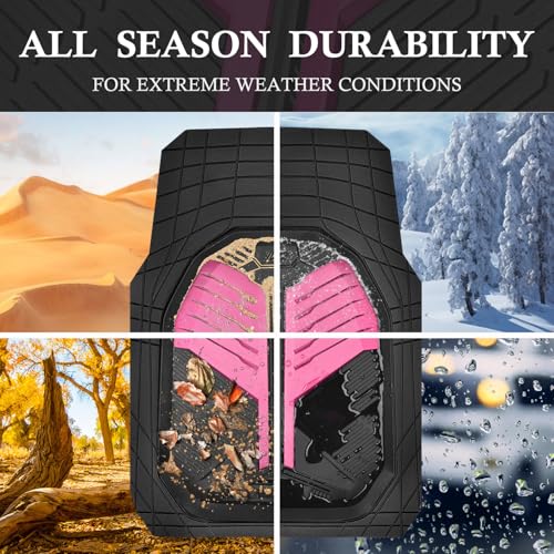 CAR PASS Heavy Duty Rubber Car Mats, Deep Dish Car Floor Mats All Weather, Car Mats Full Set 3-Piece Trim to Fit for Sedans SUVs Trucks,Women Waterproof Anti-Slip Automotive Mats, V12 Black and Pink - color: Pink and Black