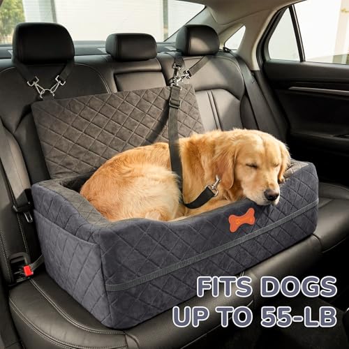 Dog Car Seat for Medium Large Dogs, 4" Elevated Booster Seat with ISOFIX Safety Fixation, Washable Cover & High Density Memory Foam, Portable for Car Front/Rear/Trunk Home Outdoor Use (Charcoal Gray) - color: Charcoal Gray, size: Large