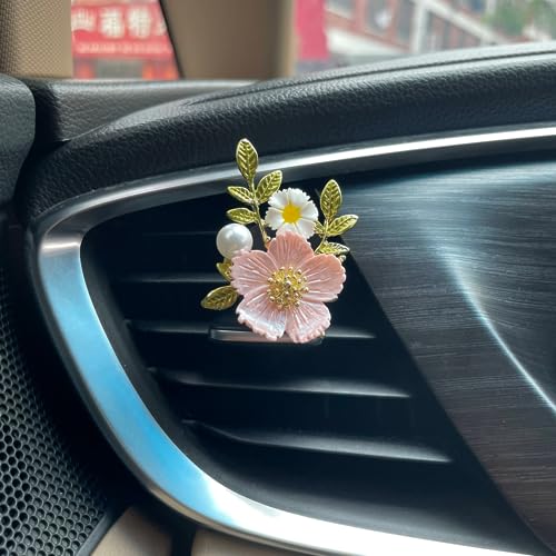 ORIESSE Flower Car Vent Clips 2pcs Pink Daisy Bouquets Flowers Air Freshener Girly Car Decorations Interior Aesthetics for Women Refillable Car Diffuser