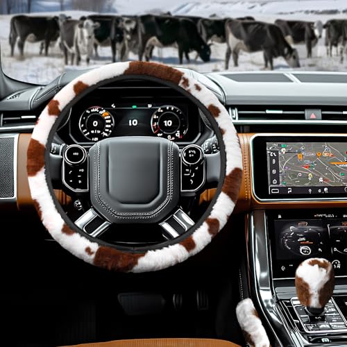3PCS Cow Print Steering Wheel Cover Plush, Auto Cute Furry Cows Pattern Hand Brake & Shift Gear Covers Universal Soft Warm Car Interior Accessories for Women Men (Brown Cow Print, 15 inch)
