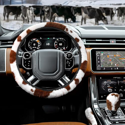 3PCS Cow Print Steering Wheel Cover Plush, Auto Cute Furry Cows Pattern Hand Brake & Shift Gear Covers Universal Soft Warm Car Interior Accessories for Women Men (Brown Cow Print, 15 inch)