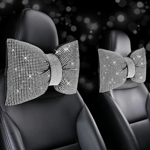 4 PCS Bling Car Pillows,Rhinestones Bowknot Car Headrest Pillow,Car Neck Pillow for Driver Relax Necksupport,Sleeping Travel Support Neck Pillow,Shiny Diamond Interior Accessories for Women,White - color: White, size: 4pcs
