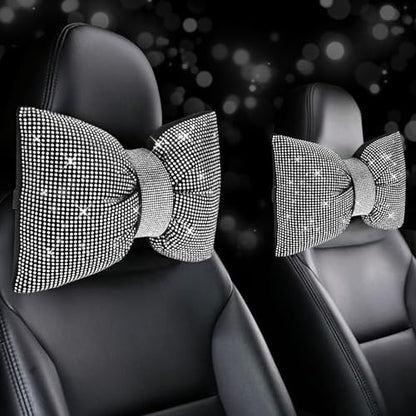 ChuLian 2 PCS Bling Car Pillows, Rhinestones Bowknot Bling Car Headrest Pillow, Car Neck Pillow for Driver Cool Relax Necksupport, White Crystal Diamond Car Accessories for Women