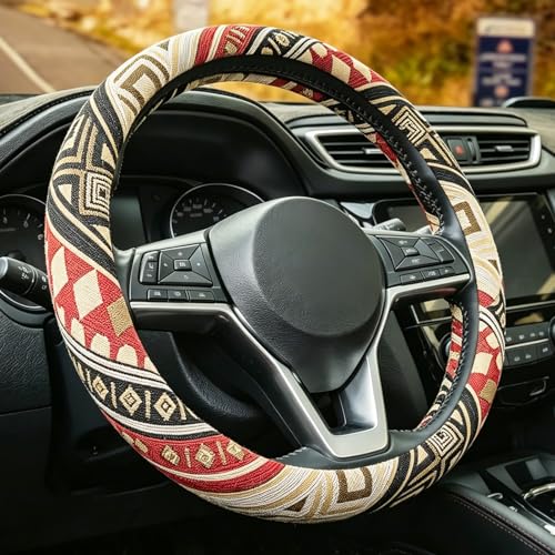 Boho Steering Wheel Cover for Women, Bohemian Coasters Cloth Ethnic Style Steering Wheel Accessories Anti-Slip Sweatproof Breathable Car Steering Wheel Protector Cover Fits 14 1/2-15 Inch - color: Orange