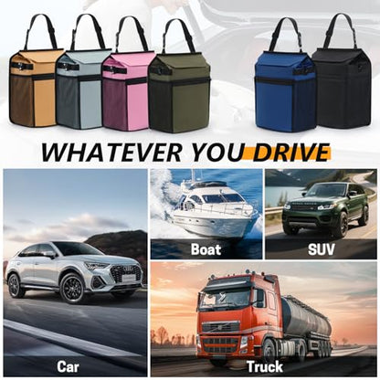 Car Trash Can with Lid, 100% Leak-Proof Removable Liner, Collapsible Automotive Garbage Bin & Organizer with Storage Pockets, Universal Fit for SUV, Truck, RV (Military Green) - color: Military Green