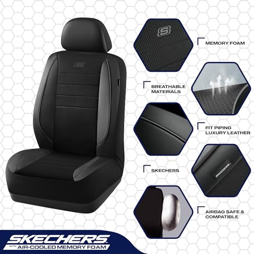 Skechers Air-Cooled Memory Foam Seat Covers,Mesh Thick Car Seat Covers,Piping Leather Car Seat Cover,Airbag Compatible,Automotive Comfort for Most Cars, Vans, Trucks, SUV(Black, Full Set)