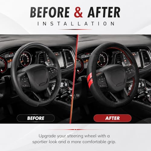 YOSRTER Steering Wheel Cover for Dodge Charger Durango Challenger Journey Ram Breathable Anti-Slip Leather Wheel Covers for Dodge Steering Wheel Accessories Compatible 14-15 Inch（Red Trim） - color: Red Trim