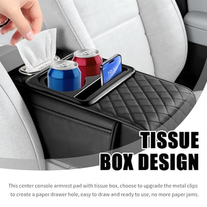 5-in-1 Car Center Console Cover,Leather Car Armrest Cover with Cup Holder/Storage Pocket/Phone Holder/Cars Tissue Holders,Thickened Cars Armrest Storage Box for Relieving Elbow Fatigue (Black) - color: Black