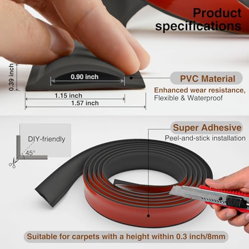 Flexible Carpet Edge Trim – Self-Adhesive Waterproof Cuttable Safety Edging for Thick Rugs &Mats, Peel & Stick Floor Transition Strip, for High-Traffic Areas (Fits Thin Carpets Up to 8mm,Black-10Ft)