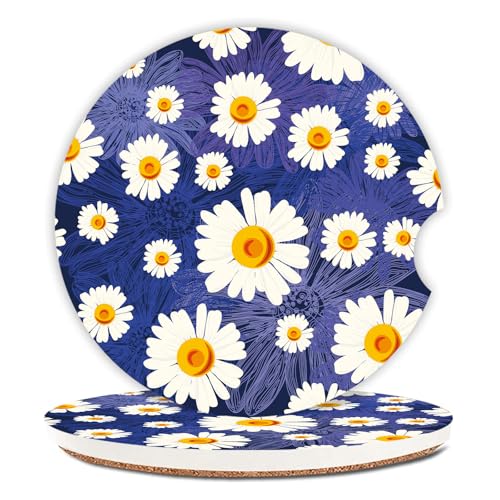 White Flowers Car Coasters for Drinks Absorbent,2 Pack Cup Holders,2.56" Ceramic Stone & Non-Scratch Cork Base Coasters,Auto Accessories for Women & Men. - color: Daisy