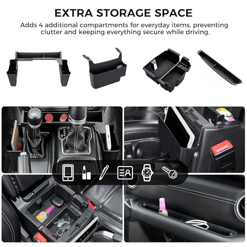 DIAMOOKY 4PCS Upgraded Center Console Organizer for Jeep Wrangler JL JLU 4xe 2018-2026 & Gladiator JT 2020-2024 2025 2026 Accessories Gear Shift Side Tray Hanging Armrest Storage Box (Not for JK/JKU)