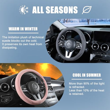 Pink Suede D Shaped Steering Wheel Cover, Breathable Non-Slip Sweat-Proof Wear-Resistant No Pilling, Warm in Winter and Cool in Summer, Universal 15 inch - color: Pink, size: D Shape-M[14.5''-15'']