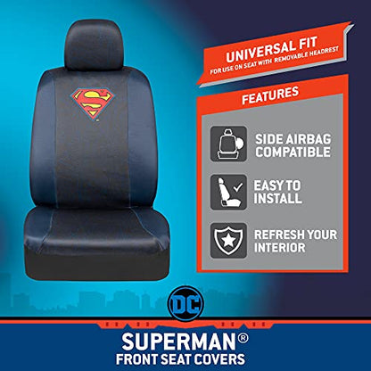 Warner Bros DC Comics Superman Universal Fit Seat Covers Car Accessories - with Removable Head Cover & Matching Seat Belt Pads, Side Airbag Compatible Easy Install for Car Truck Van SUV - size: 2 Front, style: Superman
