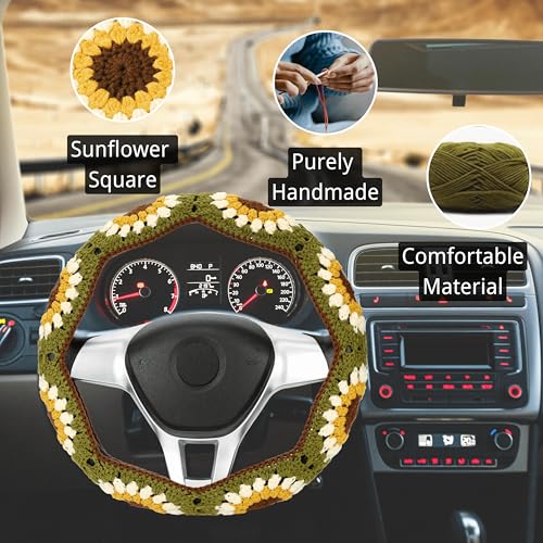 Crochet Steering Wheel Cover Set,Cute Steering Wheel Cover Boho 14-15 in,Handmade Sunflower Granny Square Decor for Women,Hippie Car Accessories for Vehicles (A Wheel Cover)