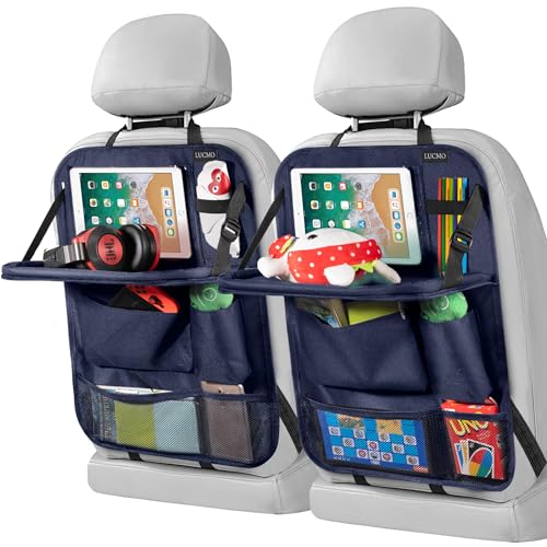 Car Backseat Organizer with Tablet Holder-2 Pcs,6 Storage Pockets Car Storage Organizer with Foldable Food Tray,Protectors Kick Mats Travel Accessories-Dark Blue - color: Admiral Blue, size: 2 Pack with Food Tray
