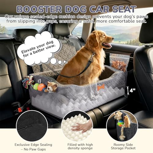Dog Car Seat for Medium Large Dogs, 4" Elevated Booster Seat with ISOFIX Safety Fixation, Washable Cover & High Density Memory Foam, Portable for Car Front/Rear/Trunk Home Outdoor Use (Charcoal Gray) - color: Charcoal Gray, size: Large