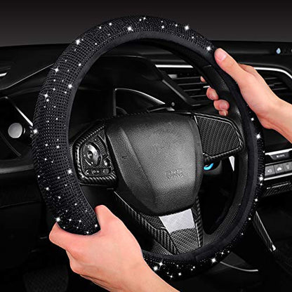 Women Fashion Black Velvet Bling Steering Wheel Cover with Black Diamonds, 15 inch Standard Glitter Rhinestone Car Wheel Cover Sparkling, Full Covered