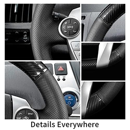 Hand-Stitch Steering Wheel Cover with Microfiber Leather & Carbon Fiber Leather Fit for Toyota Prius V 2012 2015/Prius C 2012 2015 2017/Prius 2010 2012/Prius Plus Prius Plug-in Hybrid 2013 - size: Carbon Fiber + Microfiber