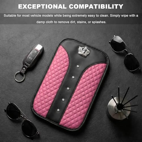 Bling Crown Car Center Console Cover, Crystal Leather Auto Armrest Box Cushion with 2 Storage Bags, Universal Crown Middle Console Cover Arm Rest Protector for Most Vehicles (Pink) - color: Pink