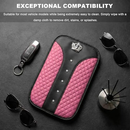 Bling Crown Car Center Console Cover, Crystal Leather Auto Armrest Box Cushion with 2 Storage Bags, Universal Crown Middle Console Cover Arm Rest Protector for Most Vehicles (Pink) - color: Pink