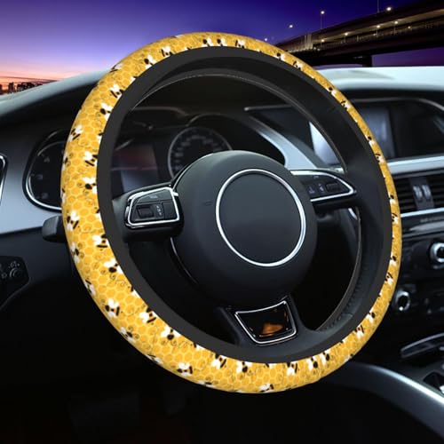 Yellow Cute Bee Insects Cartoon Steering Wheel Cover Car Accessories Cute for Women Girls Girly Universal 15 Inch Neoprene Auto Interior Decor Anti Slip Car Truck Protector - color: Black21