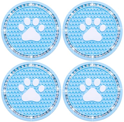 4PCS Bling Car Cup Holder Coaster, Universal Dog/Cat Paw Auto Non-Slip Crystal Rhinestone Cup Holder Coaster, 2.75In Universal Non-Slip Recessed Car Interior Accessories (Blue & White) - color: Blue & White, size: 4 pcs