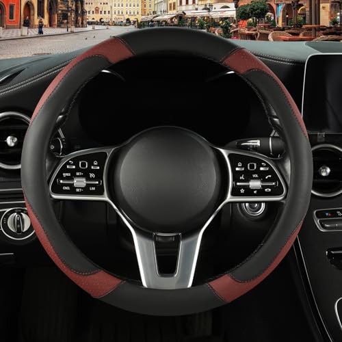 Microfiber Leather Steering Wheel Cover, Breathable, Anti Slip, Universal 15 inch, Black with Burgundy - color: Black Burgundy, size: Round-Middle[14.5''-15'']